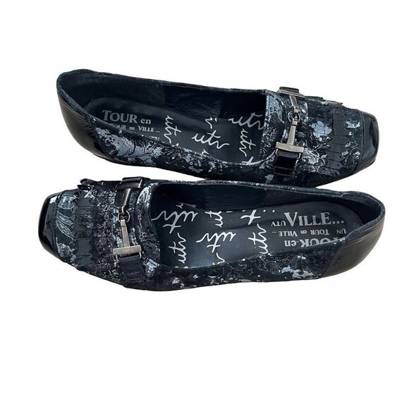 UTV Un Tour en Ville Black Silver Floral Pattern Fringe Buckle Square Toe Shoes - Picture 11 of 14